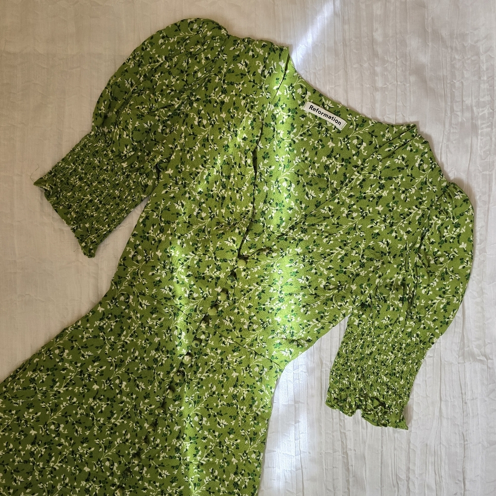 Reformation Green Floral V-Neck Dress
